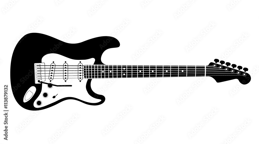 Black and white electric guitar on white background. Isolated stylish art. Modern grunge and rock style. Noir style. Strat. - obrazy, fototapety, plakaty 