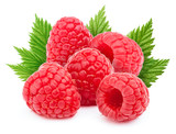 Fototapeta  - Five raspberries with leaf isolated on white background with clipping path