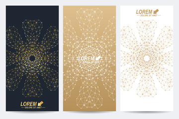 Poster - Modern set of vector flyers. Molecule and communication background. Geometric abstract round golden forms. Connected line with dots. Graphic composition for your design