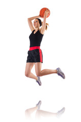 Woman playing basketball isolated on white