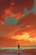 © grandfailure - lonely man standing on the sea under sunset sky,illustration painting