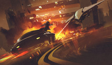 Chase Scene Of Spacecraft Chasing Futuristic Car On Highway,illustration