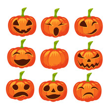 Vector Set Of Isolated Pumpkin Icons. Halloween Design, Emotion, Laughing, Angry, Smiling, Sad, Scary, Evil, Winking Smile. Jack Lantern For Website, Flier, Invitation Card