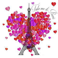 Card with text Take me to Paris. Eiffel Tower with hearts in pap