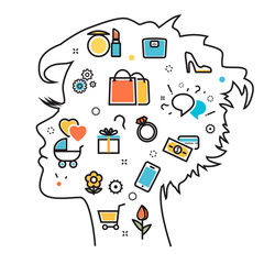 Wall Mural - flat line illustration of thought process what women wanted, dream, idea, desire, wish, habits, ster