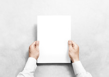 Hand Holding White Blank Paper Sheet Mockup, Isolated. Arm In Shirt Hold Clear Brochure Template Mock Up. Leaflet Document Surface Design. Simple Pure Print Display Show. Reading Contract Agreement.