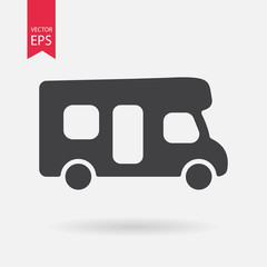 Motorhome icon. Camping sign. Camper van isolated on white background. Flat design style