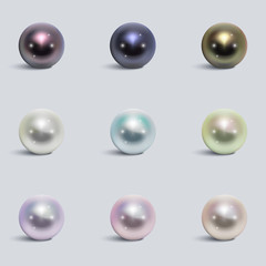 Poster - Realistic varicoloured pearls vector set. Precious pearl in sphere form. Pearl is luxury glossy stone illustration