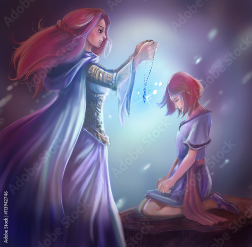 Cuadros en Lienzo Ilustración de la fantasía de dibujos animados de una reina diosa está dando un