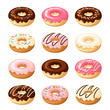 Set of twelve donuts with white, pink and chocolate glaze and sprinkles isolated on a white background. Vector illustration.