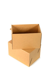 Brown cardboard box package with cover, isolated on white backgr