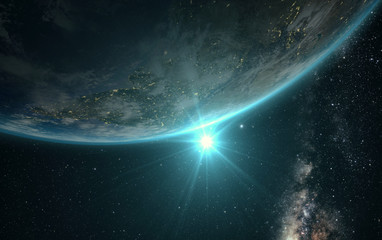 Wall Mural - sunrise view of earth from space with milky way galaxy