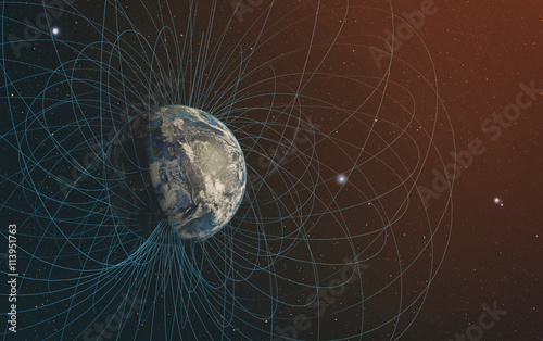 Plakat Renderowania 3D z pola magnetycznego planety Ziemi.