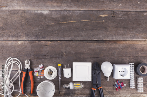 Fotografía electrical tools and equipment on wooden background with copy space