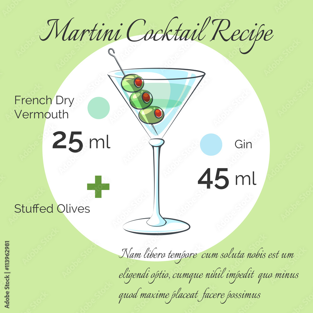 Martini receipt. Martini bartender cocktail vector receipt poster Stock ...