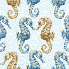 Poster - Sea horse vector seamless pattern. Marine life print