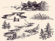 Nature Design Elements Set. Boats On Water, River, Lake, Flowers