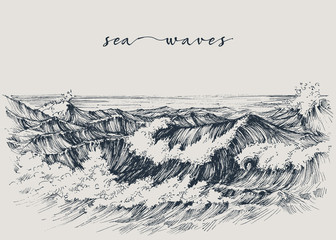 Sea or ocean waves drawing. Sea view, waves breaking