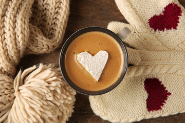 Poster - Cup of coffee with marshmallow on wooden table