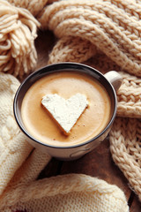 Poster - Cup of coffee with marshmallow on wooden table