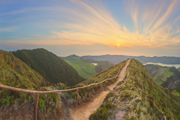 Wall Mural - mountain landscape with hiking trail and view of beautiful lakes, ponta delgada, sao miguel island, 