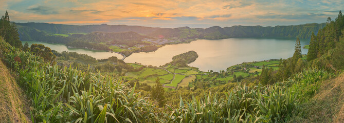 Wall Mural - mountain landscape with hiking trail and view of beautiful lakes, ponta delgada, sao miguel island, 