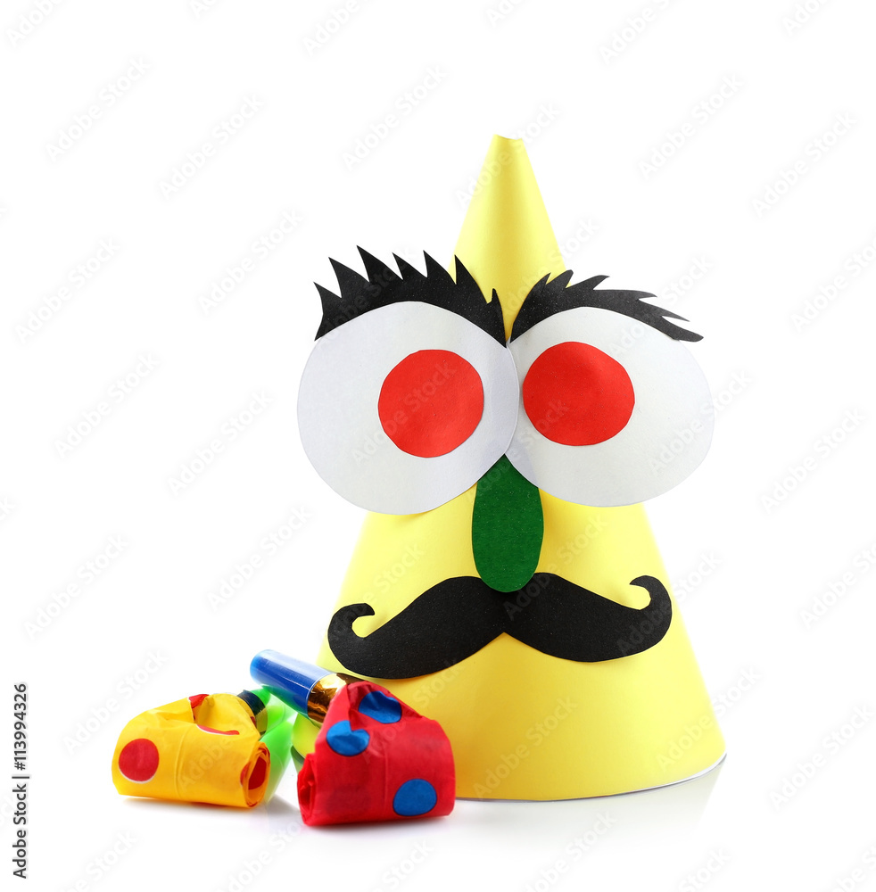 Funny birthday cap with decorative eyes isolated on white