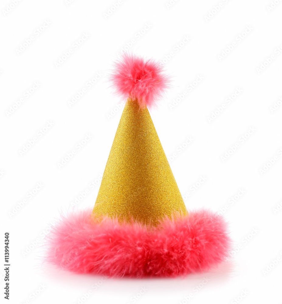 Funny birthday cap with pink fur isolated on white