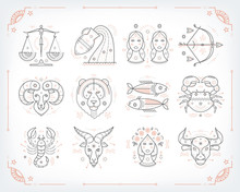 Thin Line Vector Zodiacal Symbols. Astrology, Horoscope Sign, Graphic Design Elements, Printing Template. Vintage Outline Stroke Style. Isolated On White.