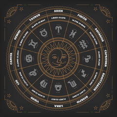 zodiac circle with horoscope signs. thin line vector design. astrology symbols and mystic signs.