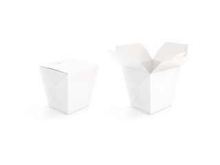 Close and open blank wok box mockup stand isolated, 3d rendering. Empty clear noodle carton box mock up. Asian take away food paper bag template. Chinese meal container packaging. Rice, udon, pasta