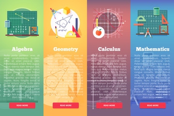 Mathematics banners. Flat vector education concept of math, algebra, calculus. Vertical layout composition.