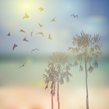 Fototapeta Dmuchawce - Silhouette of palm trees and birds, beach, sky and sea blue background. Vector