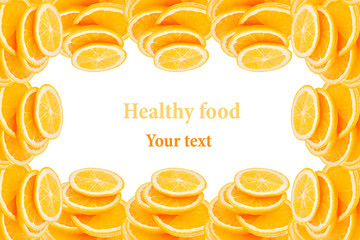 Pattern of repeating stacks of sliced oranges on a white background. Pile of slices of juicy orange. Isolated. Decorative Fruit frame, border. Fruit background. Copy space. Concept art.