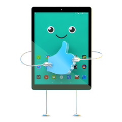 Poster - Tablet cartoon character with Like symbol. 3D illustration. Cont