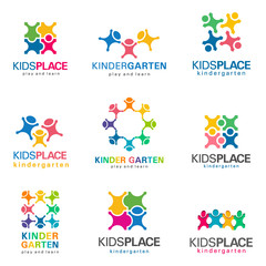 Wall Mural - Kindergarten and kids logo vector set