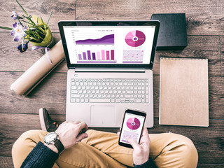 Man working with laptop and smartphone with financial report charts