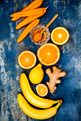 Carrot ginger immune boosting, anti inflammatory smoothie with turmeric and honey. Detox morning juice drink, clean eating