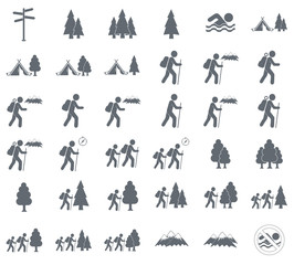 set of hiking tourists icon. vector illustration..