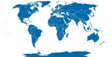 World Political Map Outline. Detailed Map Of The World With Shorelines And National Borders Under The Robinson Projection. Blue Illustration On White Background.