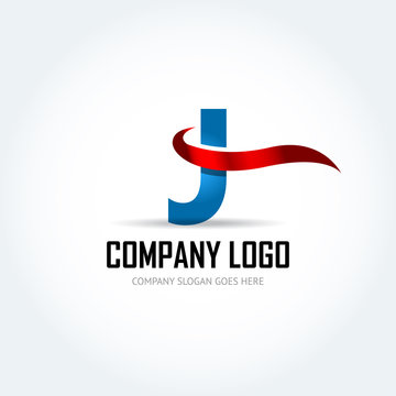 Blue Letter J with red ribbon logo icon design template elements - Illustration. Letter J logo icon design - vector sign. Isolated vector illustration.