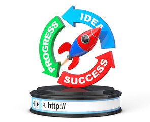 Poster - Progress, Idea, Success Arrow Diagram with Rocket over Browser A