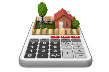 Poster - Real Estate Concept. Small House with Fence and Garden over Calc