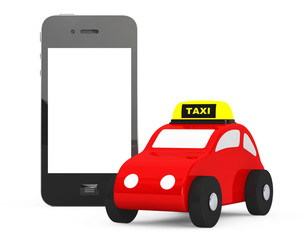 Poster - Toy Taxi Car with Mobile Phone. 3d Rendering