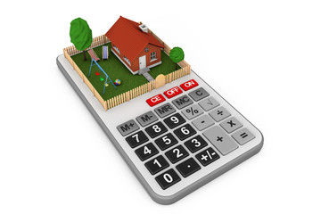 Poster - Real Estate Concept. Small House with Fence and Garden over Calc