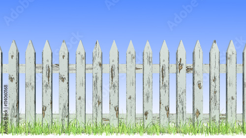 White Picket Fence An Old Painted With Ling Paint White Picket Fence An Old Painted With Ling Paint And Green Gr At Its Base Set Off By A Soft Blue See More