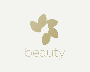 Wall Mural - Beautiful woman face flower star logo design template. Hair, girl, sun negative space logotype. Abstract  concept for beauty salon, massage, magazine, cosmetic and spa. Premium vector icon.