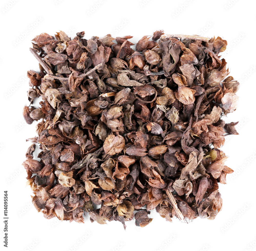 Square of dried basil (rayhon) on white background