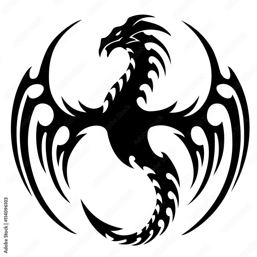 vector illustration, tribal dragon tattoo design, black and white ...