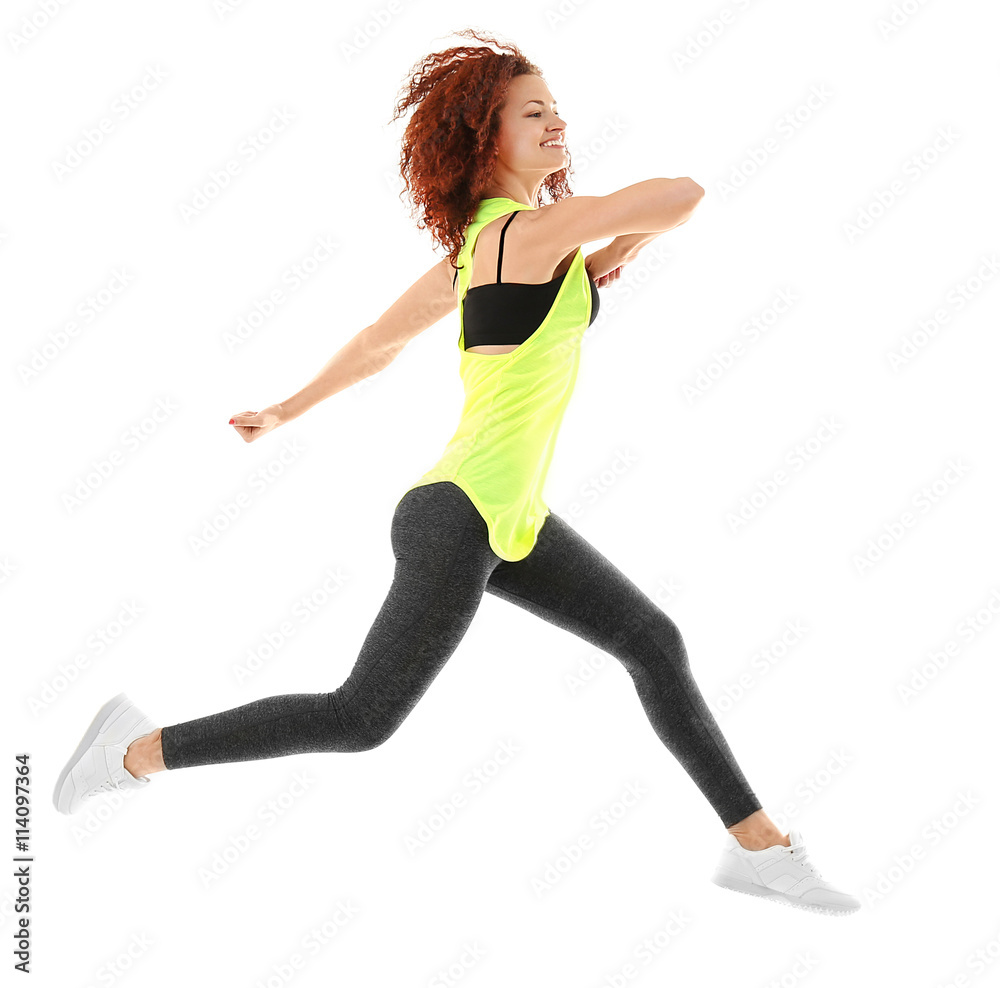 Attractive woman doing exercises isolated on white
